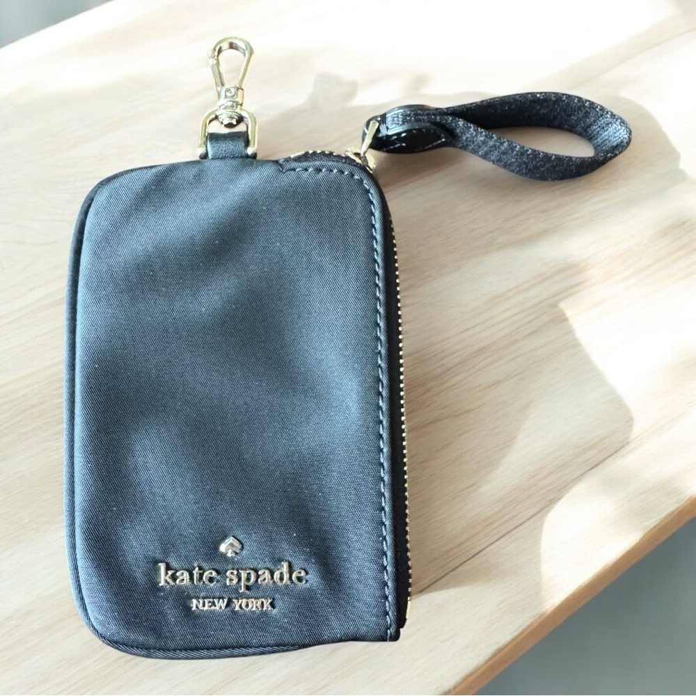 Kate Spade Black Zippered Pouch Gold Tone Accents Clip On Card Case